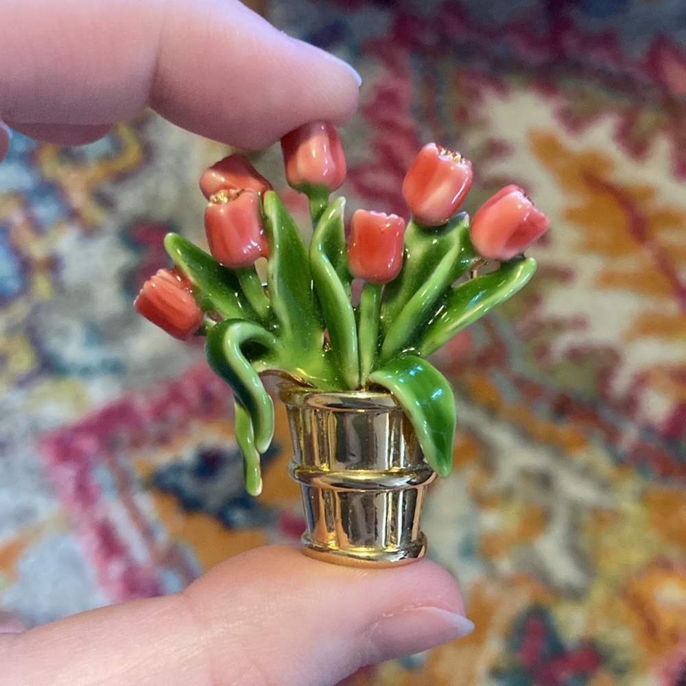 Peachy Pink Tulips Flowerpot Pin/Brooch Approx 2”